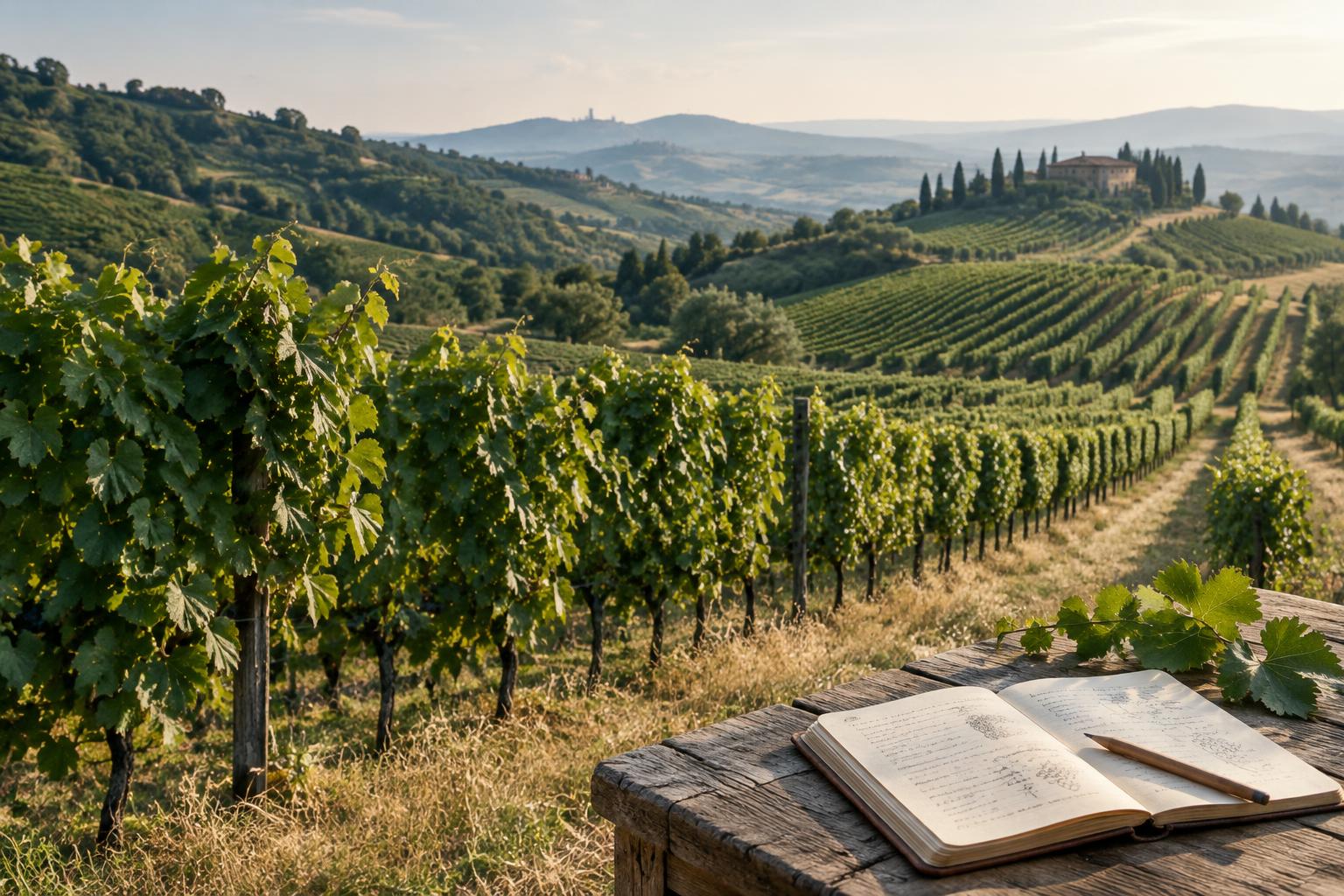 Filari di un vigneto italiano e un diario aperto su un tavolo di campagna